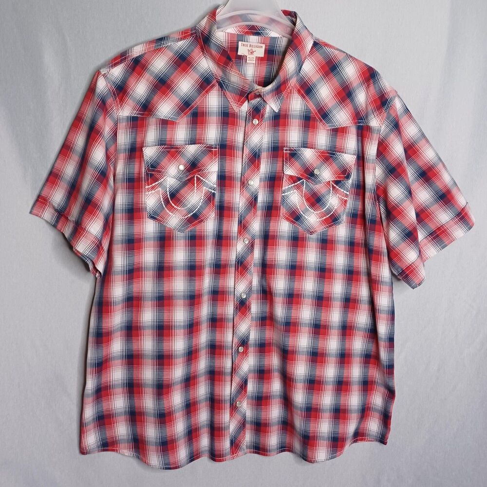 True Religion Shirt Mens 3XL Red Plaid Snap Button Up Studded Embroidered